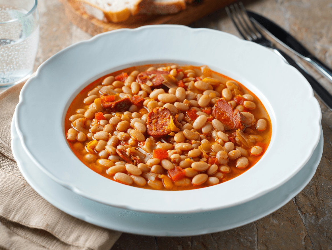 Patata guisada con salchicha bratwurst y mostaza a la antigua Potaje de alubias con lacón y chorizo