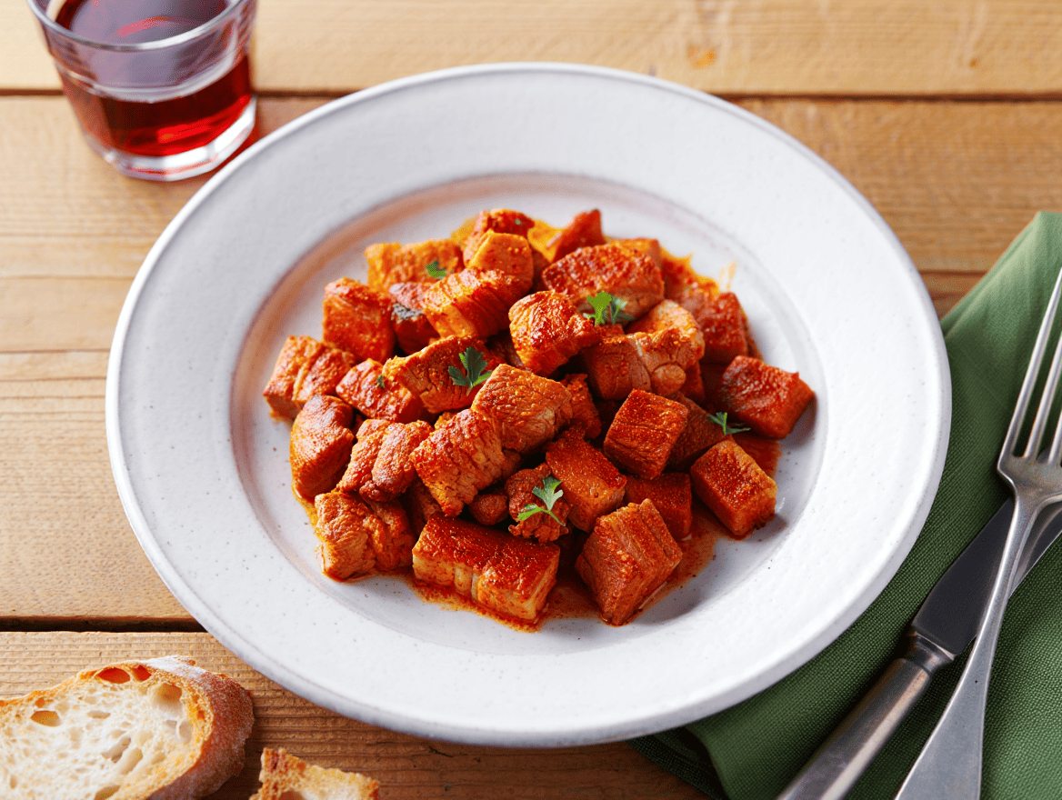 Ensalada vegana de pasta Dados de lomo al pimentón de La Vera