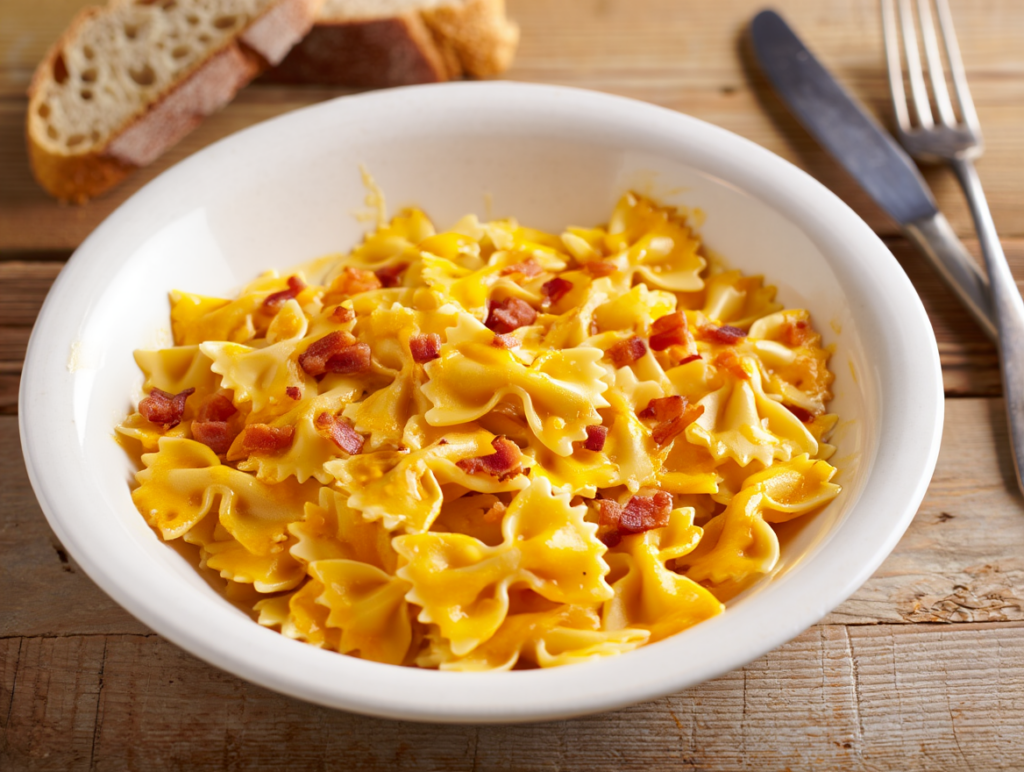 Pasta farfalle con salsa de queso y bacon