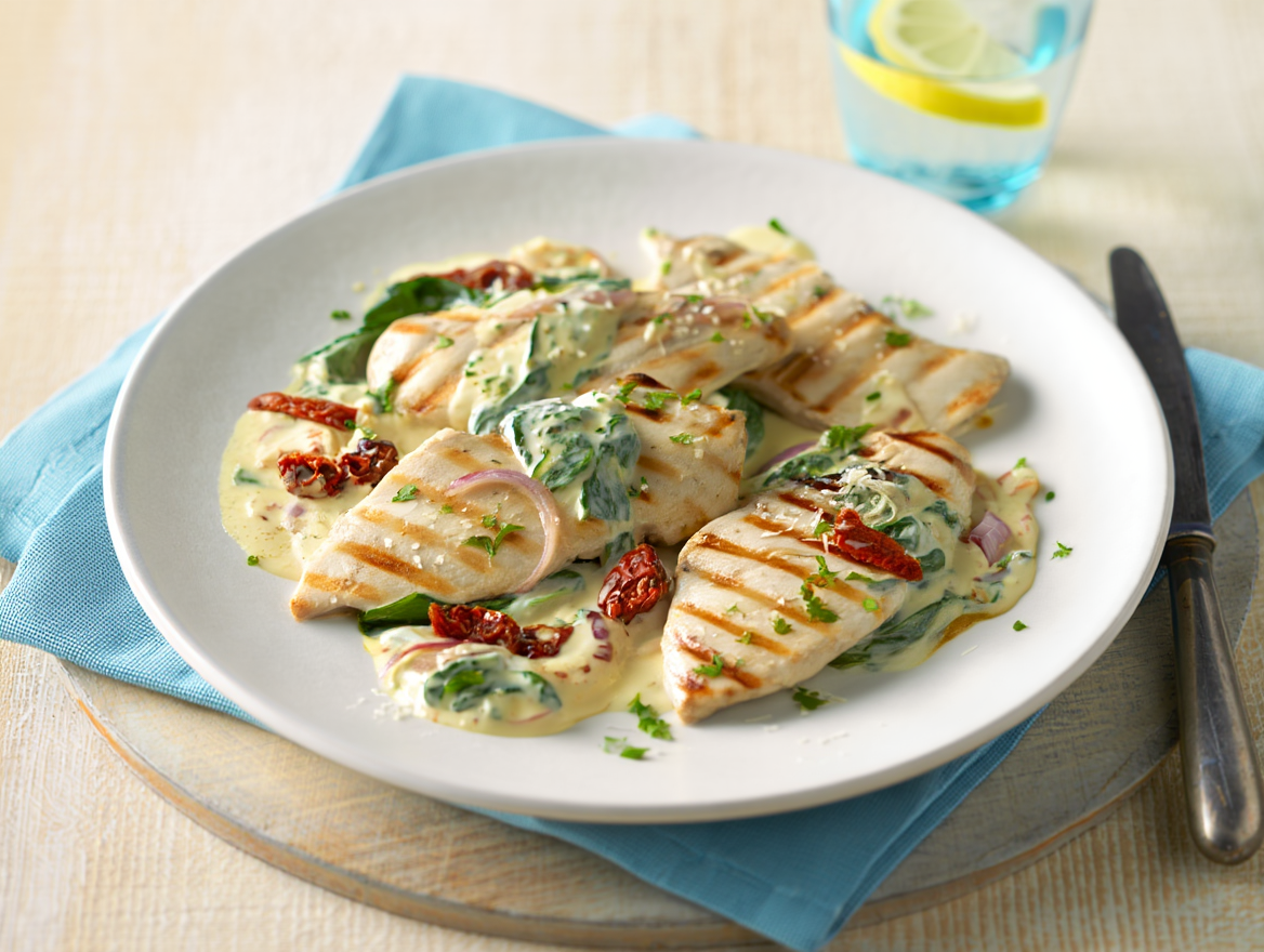 Patata guisada con salchicha bratwurst y repollo Solomillos de pollo a la Toscana