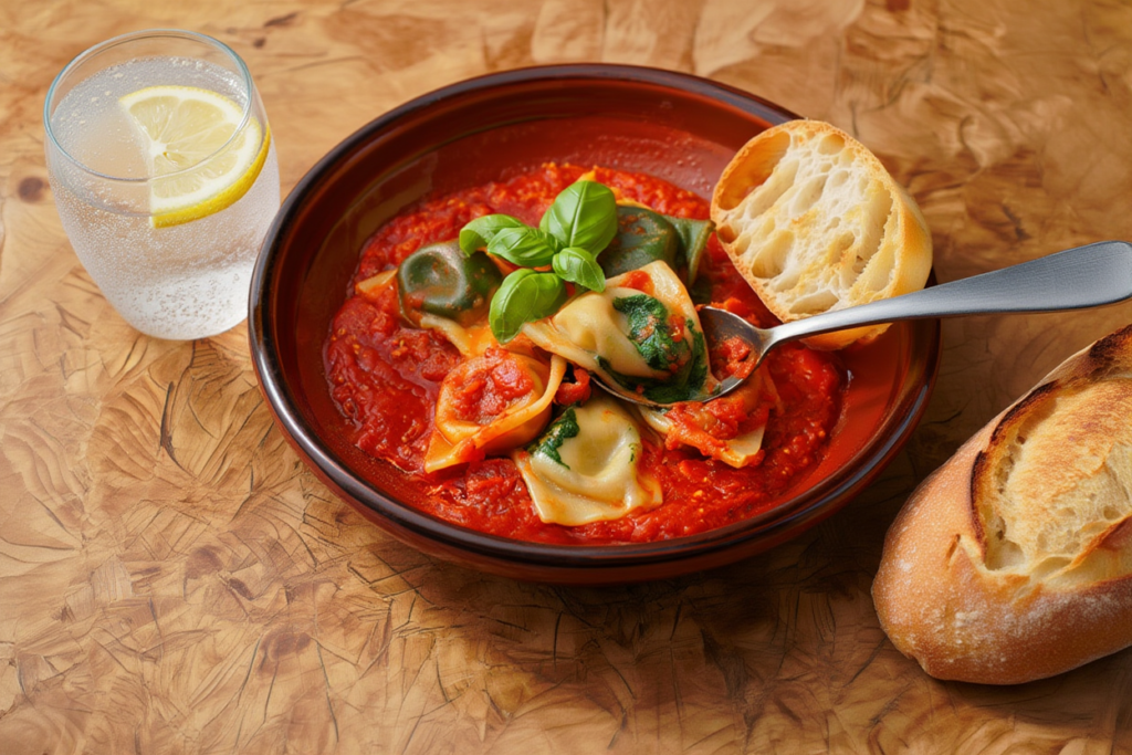 Tortelloni tricolor rellenos de 3 quesos con salsa de tomate y albahaca