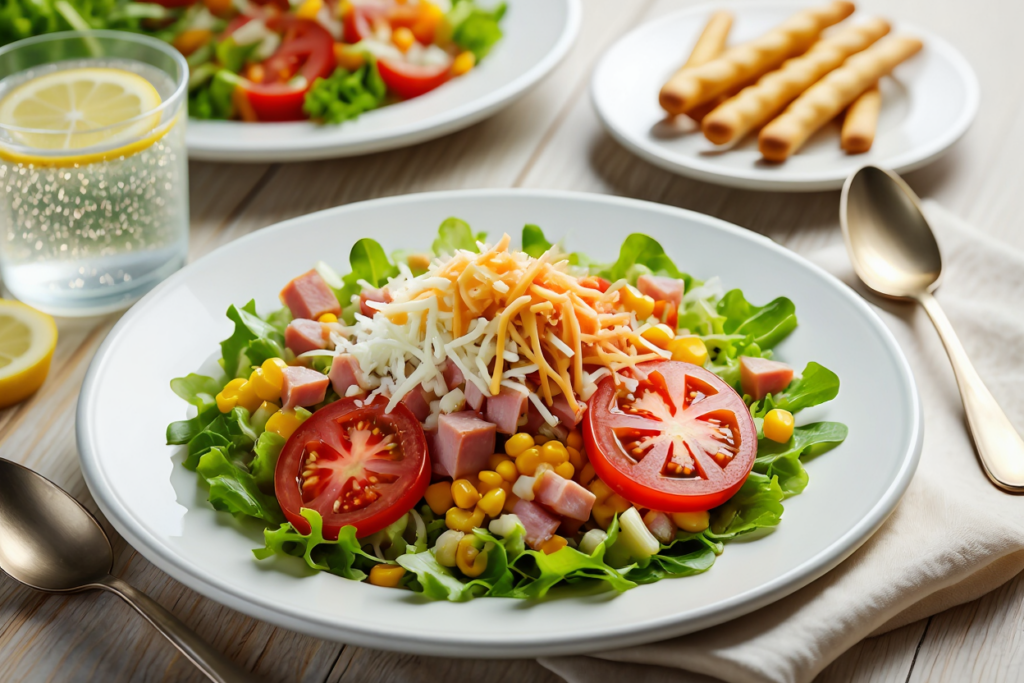 Ensalada verde con jamón york y 3 quesos