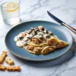 Comida a domicilio - Sobrecitos de crepe rellenos de pollo con salsa cremosa de champiñones