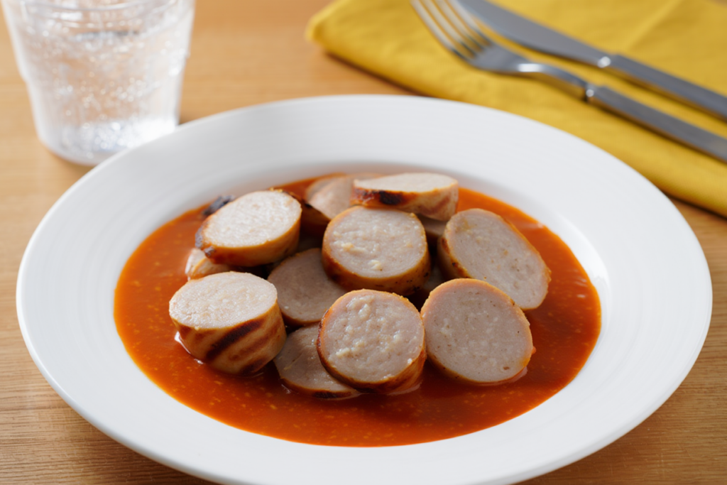 Salchichas bratwurst con salsa de tomate y curry