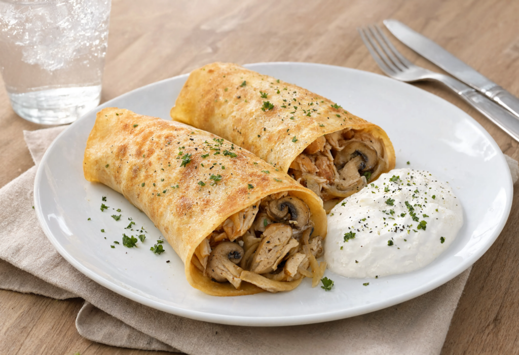 Crepes rellenos de pollo y champiñones con yogur griego
