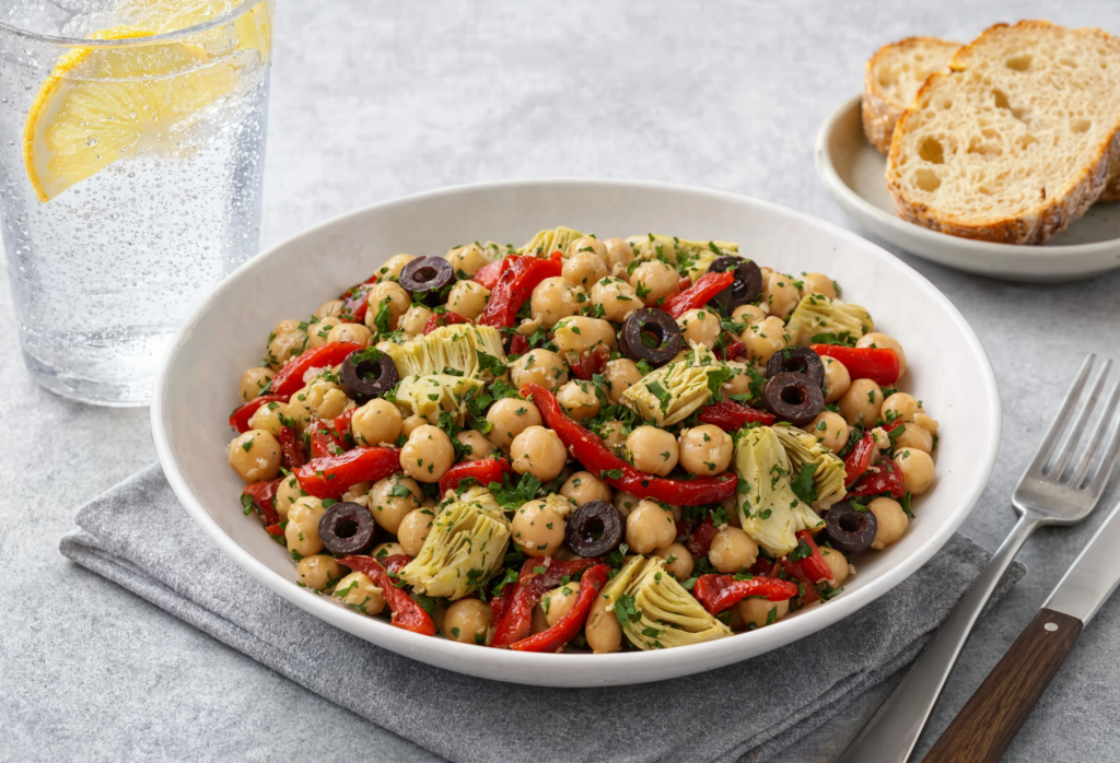 Ensalada vegana de garbanzos con alcachofas y tomate seco