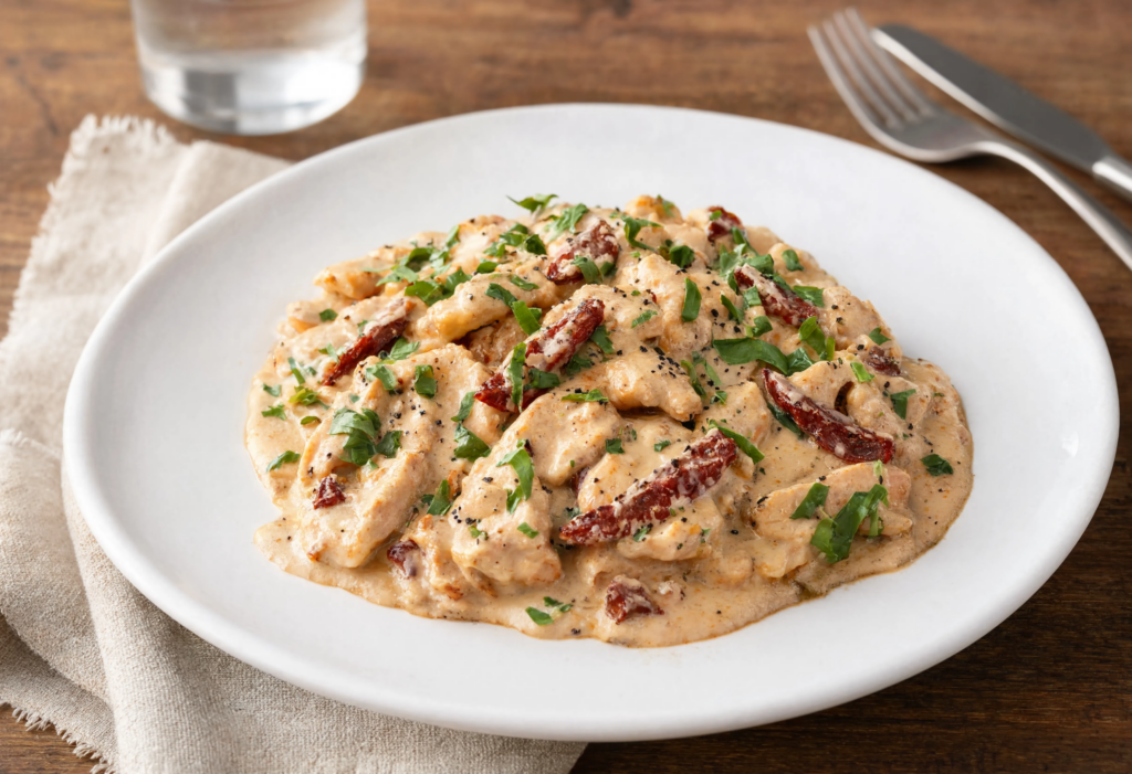 Ragú de pollo a la crema con tomate seco