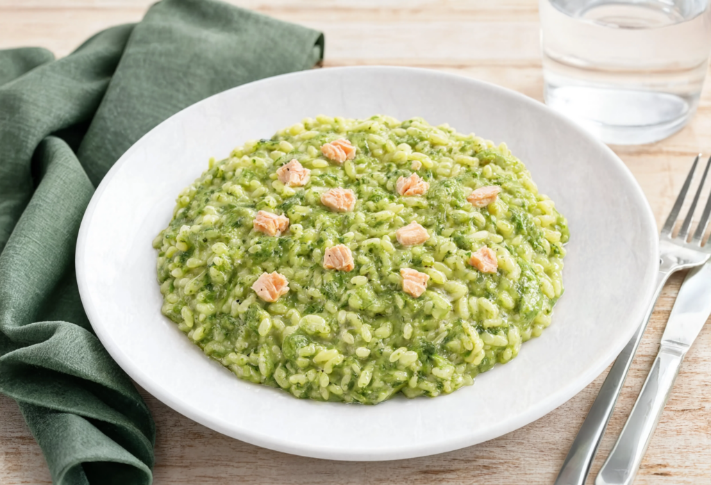 Risotto cremoso de salmón y espinacas