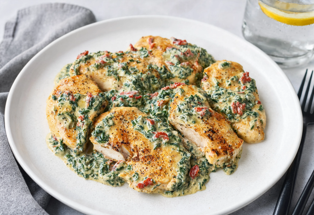 Solomillos de pollo con salsa de espinacas y tomate seco