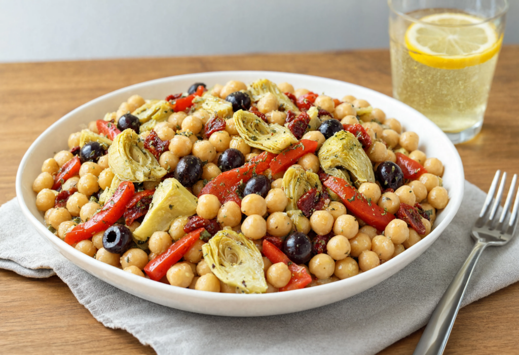 Ensalada de garbanzos con alcachofas y pimientos del piquillo