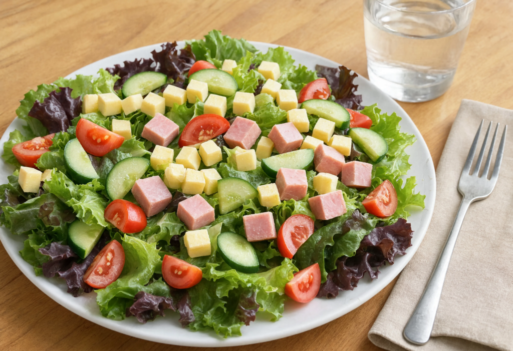 Ensalada verde con jamón york y tres quesos