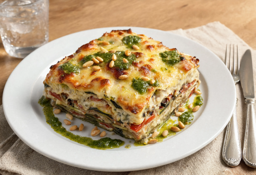 Gratén de patata con verduras y pesto