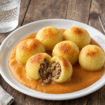 Comida a domicilio - Bolitas de patata rellenas de carne con salsa de boniato y leche de coco